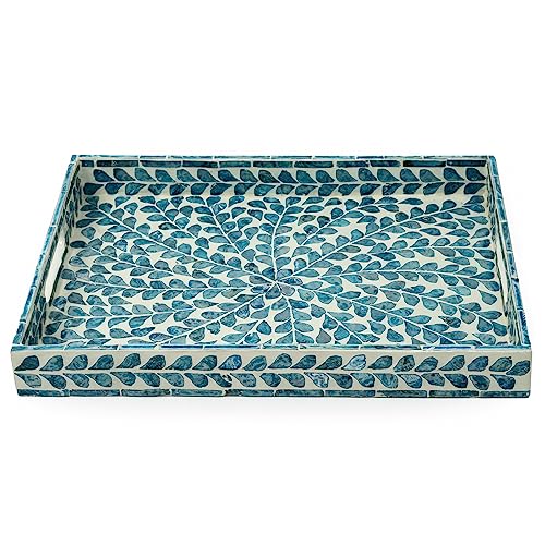CLAYNIX Serving Tray 15.7" X11.8", Lacquer Mother of Pearl Inlay Mosaic Tray, Rectangle Wooden Marble Tray with Handles Trays for Tea, Breakfast in Bed, Table (Blue) - color: Leaf Style
