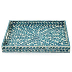 CLAYNIX Serving Tray 15.7" X11.8", Lacquer Mother of Pearl Inlay Mosaic Tray, Rectangle Wooden Marble Tray with Handles Trays for Tea, Breakfast in Bed, Table (Blue) - color: Leaf Style