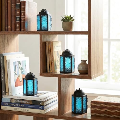 VELA LANTERNS Mini Moroccan Tea Light Candle Holder Lanterns – 4.25" Small Decorative Lantern for Table or Hanging, Metal with Glass Panels – Ramadan, Wedding, Home Decor, Aqua Blue (Set of 4) - color: Aqua Blue