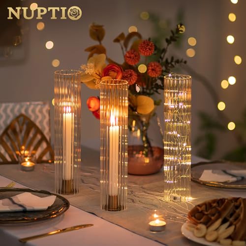 NUPTIO Hurricane Candle Holder Fluted: 2.5 x 12 inches Ribbed Glass Shade for Candlestick - Bulk Decorative Bottomless Cylinder Taper Candle Cover for Outdoor Table Centerpiece - color: Ribbed