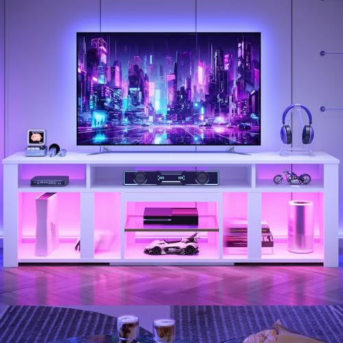 Bestier 80 Inch TV Stand for 85 Inch TVs, Modern Open Entertainment Center with LED Lights & Adjustable Shelves, Media Console for Gaming Setup and Home Theater (White)
