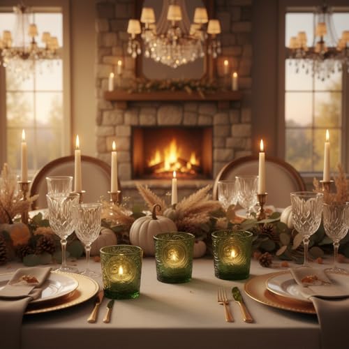 12 Pack Patented Sun Moon Star Embossed Glass Tea Light Candle Holders - Unique Votive Candle Holders for Wedding, Party, and Table Centerpieces (Moss Green) - color: Moss Green