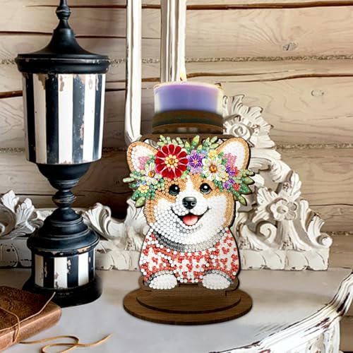 BAYUNOE DIY Candlestick Holders Wooden Desktop Diamond Art Painting Candle Holder Double-Sided Diamond Vintage Modern Decorative for Table Mantel Wedding Dinning Party-Dog - color: Dog