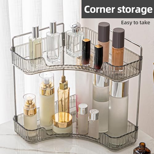 YCIA&DONE Corner Bathroom Counter Organizer, Makeup Organizer for Vanity, Skincare Cosmetic Perfume Tray, Corner Countertop Shelf Rack Storage for Bathroom Kitchen 2 Tiers (Smoky Gray) - color: Gray, size: 2-Tier