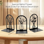 Kifmurase 5 Pair Metal Book Ends, Modern Decorative Flower Shelves Bookends, Black Book Stopper for Heavy Books, Novety Floral Books Shelf Holder Ends for Home Office School, 6.6×4.7×3.6 inch