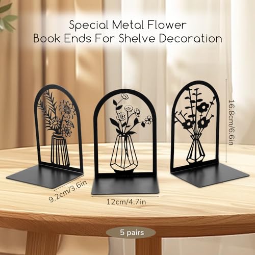 Kifmurase 5 Pair Metal Book Ends, Modern Decorative Flower Shelves Bookends, Black Book Stopper for Heavy Books, Novety Floral Books Shelf Holder Ends for Home Office School, 6.6×4.7×3.6 inch