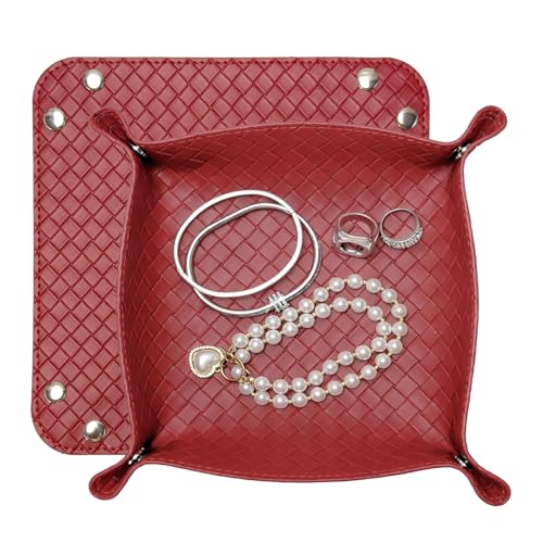 UnionBasic Small Valet Tray, Jewelry Tray for Rings Watches Earrings, Entryway Catchall Caddy for Coins Keys Change, Nightstand Bedside Valet Holder, Trays for Electronic Gadgets, Woven Red - color: Woven Red, size: 5.4" x 5.4" x 1.6"