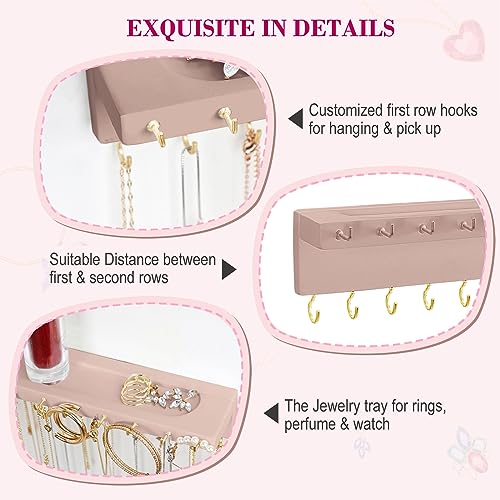 YYILIS Necklace Holder, Upgraded Extra Large Wall Necklace Organizer with 30 Hooks Wall Mounted Necklace Hanger with Jewelry Tray/Cosmetics Shelf Rustic Pine Wood Holder (Pink) - color: Pink
