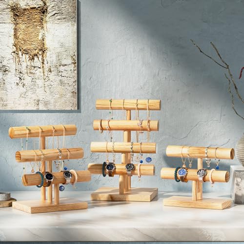 ProCase Bracelet Holder Display Bracelet Organizer, Wooden Bracelet Stand for Selling, T-bar Bangle Storage Rack Wood Watch Display Tower for Business - 3 Tier, Nature - color: Nature, size: 3 Tier