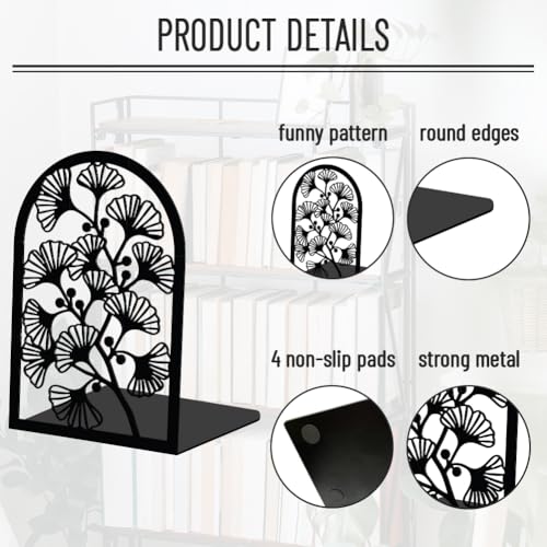 WADORN 1 Pair Botanical Leaf Decorative Bookends Ginkgo Leaf Heavy Duty Metal Book Ends Black Novelty Book Holder Stopper for Home Office Bookshelf Library Desk Decoration 5.3x4.3x7.9 Inch - color: Ginkgo Leaf