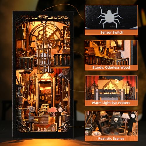 Book Nook Kit, Book Nook Kits for Adults DIY Booknook Model Build, DIY 3D Wooden Puzzle Bookend Booknook Bookshelf Insert Miniature Dollhouse Kit for Home Decoration - style: Dark Family