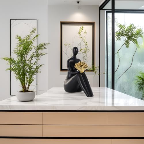Lescafita Black Abstract Figure Statue with Golden Flowers, Modern Resin Sculpture, Minimalist Art Figurine for Home or Office Decor, Elegant Gift for Art Enthusiasts - color: B1