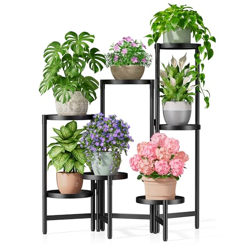 7 Tiered Metal Corner Plant Stand Indoor Outdoor, Tall Large Folding Rack with Rust Proof 7.9 Inch Wide Tray, Heavy Duty Flower Shelf for Multiple Plants for Patio - BlackDisk - color: BlackDisk, size: 7-Tiers