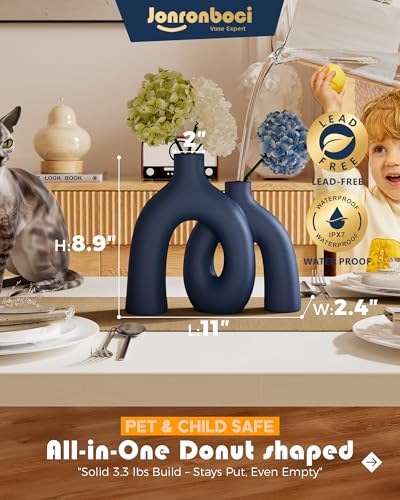Hug Donut Decorative Vase Set - Navy Blue Vase, Modern Coastal Style Vases Home Decor, Matte Ceramic Decorations for Living Room Shelf, Bookshelf Mantle Entryway Table or Console Décor (Navy Blue) - color: Navy Blue