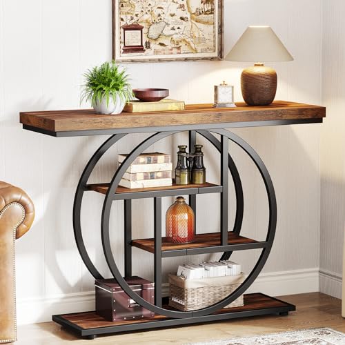 Tribesigns 41.3" Console Table, Industrial 4-Tier Sofa Table Entryway Table with Circle Base, Narrow Wood Accent Tables with Storage Shelves for Living Room, Hallway, Foyer, Rustic Brown - color: Rustic Brown