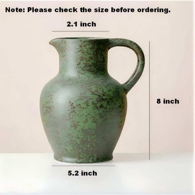 Green Ceramic Vase for Home Decor, 8 inch, Farmhouse Rustic Flower Vase, Single Handle, Shelf Decor, Table, Centerpiece, Living Room, Office Desk, Gift - color: Green-8"