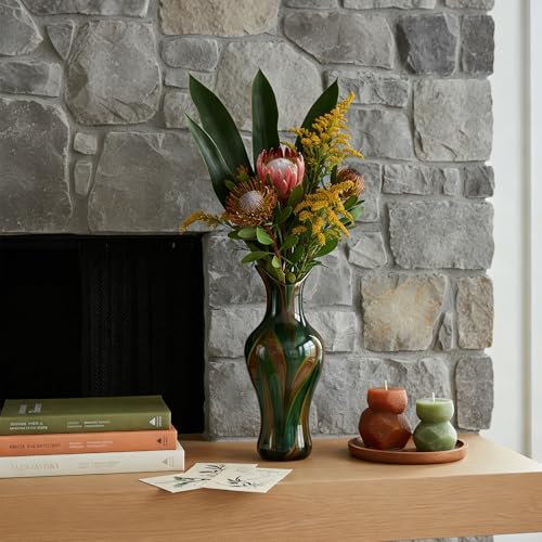 Handblown Art Glass Vase, 12.4" Tall Heavy Duty Decorative Flower Vase with Unique Swirl Pattern, Modern Murano Style Mouth-Blown Bud Vase for Luxury Home Decor & Gifting (Green)