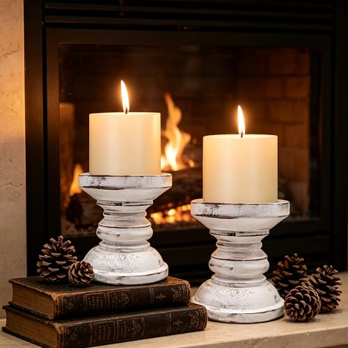 Small Candle Holder for Pillar Candle Set of 2, Farmhouse Candle Holder Decor, Rustic Wooden Candle Stand, Vintage Tall Candle Stand Decorative for Living Room, Table Centerpiece,Rustic White - size: Set of 2