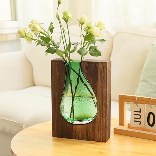 Wood and Glass Inlay Vases Farmhouse Wooden Glass Flower Vase Solid Wood Glass Vase Home Decor Vases for Centerpiece (9.29 Inches) - size: 9.29 Inches