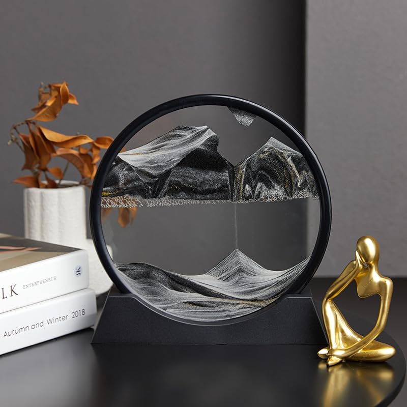 AzureLeap Moving Sand Art Liquid Motion, 3D Deep Sea Sandscape Color Quicksand Decor, Round Glass Moving Sand Art Picture Relaxing Desktop Home Office Work Decor (12 inch-Black) - color: BLACK, size: 12 inch