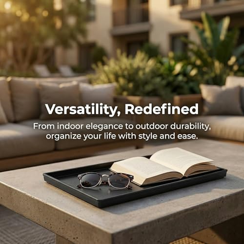 Cedilis 2 Pack Black Rectangular Serving Trays, Non-Slip Plastic Coffee Table Tray, Modern Ottoman Trays for Table Centerpiece, Home Decor, Bathroom, Kitchen Counter