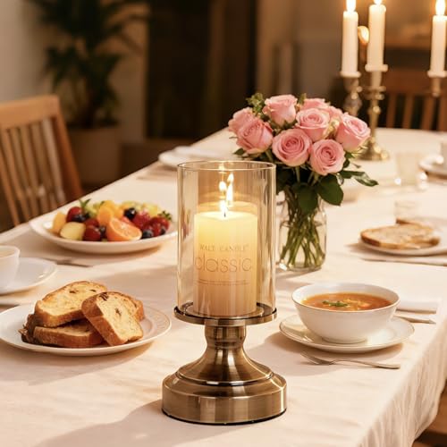 Brass Hurricane Candle Holder with Glass Lid, Anti-Tip Pillar Candle Holder for Wedding Dining Party Table Centerpiece, Elegant Home Decor