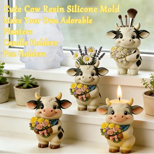 1Pc Highland Cow Epoxy Resin Casting Mold 3D Animal Candle Jar Silicone Mold for Concrete DIY Flower Pot Pen Holders Makeup Brush Tray Organizer Jewelry Storage Box Reusable Home Decor - color: Cow Resin Mold