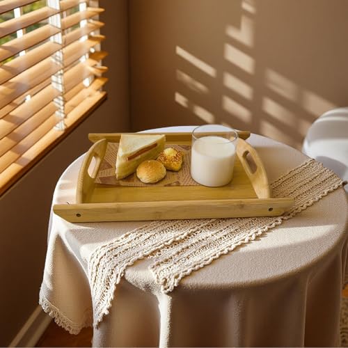 Bamboo Serving Tray Rectangle Platter Breakfast Dinner Food Bed Tray for Eating Kitchen Restaurants (1, 15" x 10.2" x 1.2" (with Handle)) - size: 15" x 10.2" x 1.2"