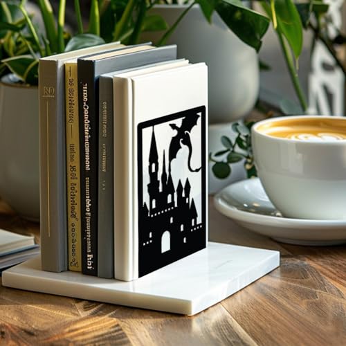 Peacoblue Metal Bookends for Shelves Room Decorative, 4.7"x3.5"x7" Fantasy Book Ends to Support Books Heavy Duty Study Bookends Stoppers Holder Stand for Desk Shelf, 1 Pair(Dragon Castle) - color: Dragon Castle