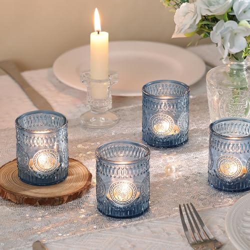 MATAHUM 24 Pcs Blue Votive Candle Holders, Glass Tealight Candle Holders for Wedding Table Centerpiece, Home Decor, Birdal Shower, Party - color: Blue