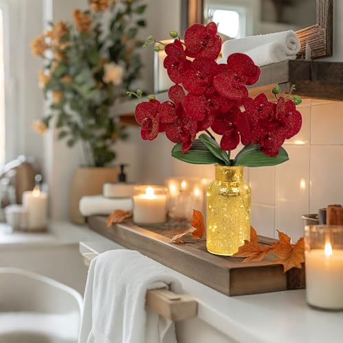 Red Orchids Artificial Flowers Faux Orchid Arrangement with Gold Glass Vase Real Touch Velvet Phalaenopsis Orchid Flowers Orchids Centerpiece for Dining Room Table - color: Red # Gold