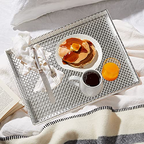 HofferRuffer Rectangle Serving Tray with Hole Handles for Coffee Table, Breakfast, Tea, Food, Butler - Countertop, Kitchen, Vanity Serve Tray, 16.2 x 12.2 x 2 inches, Faux Leather (Silver) - color: Silver, size: 16.2" x 12.2" x 2"