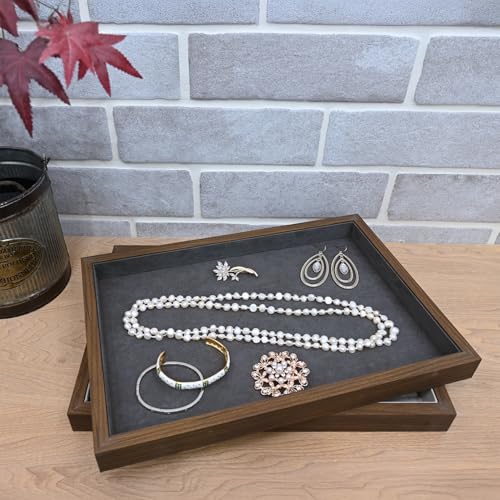 MOOCA 2 Pcs Wooden Jewelry Display Tray, Presentation Tray, Organizer for Rings, Necklaces, Earrings, and Accessories, Walnut Color with Grey Suede, 14" W x 9.6" D x 1.2" H - color: 1 Compartment, Walnut/Grey