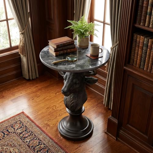 Modern Accent Table with Vintage-Style Deer Ornament Base, Minimalist Faux Marble End Table for Living Room Reception Area & Bedroom, 19.69 Inches Wide × 25.59 Inches High - color: Vintage Color Deer Head Statue Table
