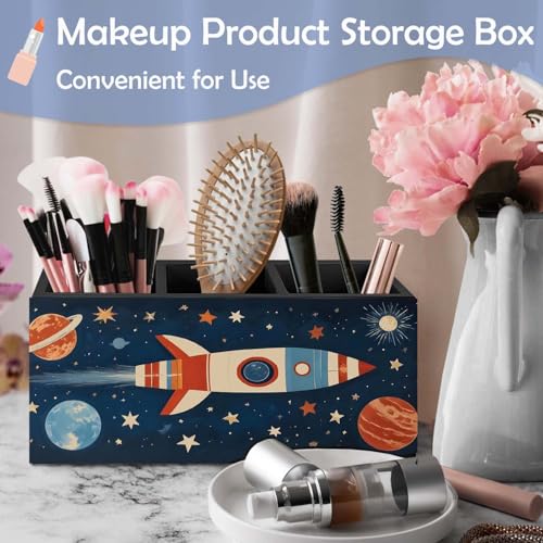 SNNDER Outer Space Pen Holder for Desk, Cosmic Rocket Planet Celestial Wooden Box Sign Desk Decor for Kids Room Home Classroom Decoration, Blue Galaxy Pencil Organizer, Space Decor for Boys Room - color: rocket