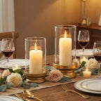 Gold Hurricane Candle Holders Set of 2 with Glass - Modern Pillar Candle Stands for Fireplace Mantel, Dining Table Centerpiece & Home Decor, 7.1" & 9" High