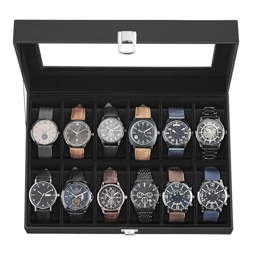 SONGMICS Watch Box, 12-Slot Watch Case Organizer with Large Glass Lid, Removable Pillows, Gift for Loved Ones, Black Synthetic Leather, Black Lining UJWB012B01 - color: Black + Black, size: 12 Slot