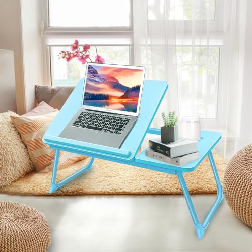 Laptop Desk for Bed Couch,Lap Desk for Laptop,Portable Laptop Stand for Desk,Small Adjustable Laptop Desk,Foldable Bed Table for Laptops and Writing, Bed Tray Table with Cup Holder(Blue) - color: Blue