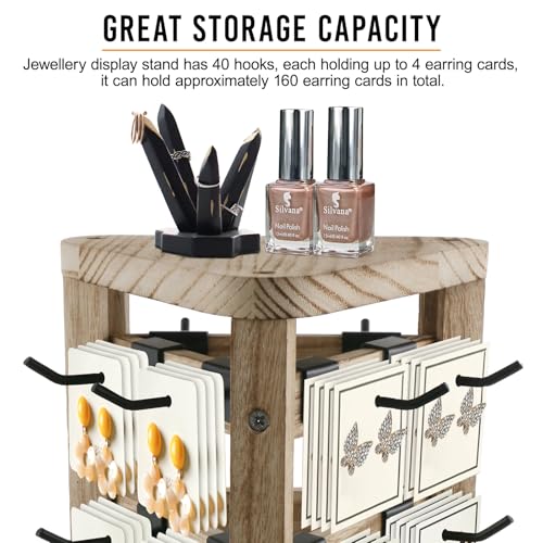 Wood Rotating Earring Display for Vendors, Wooden Jewelry Display for Vendors with 30 Removable Hooks 5 Tier Tabletop Necklace Display Stand Key Chain Display