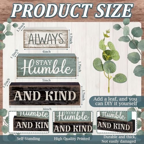 Lineshading 4 Pcs Inspirational Farmhouse Table Decor Always Stay Humble and Kind Stacked Wooden Block Signs with Inspirational Quote Eucalyptus Leaves for Home, Living Room, Shelf Housewarming Gift - style: Always Stay Humble and Kind