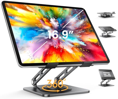 LOXP Adjustable Tablet Stand, 360 Rotating iPad Stand with Heavy-Duty Base, Tablet Holder Compatible with 4.0-16.9" Device, 2025 iPad Pro Air Mini, Kindle, Surface Tablet, Portable Monitors - Black
