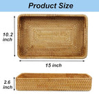 Rattan Serving Tray, Rectangle Coffee Table Tray with Handles, Decorative Ottoman Tea Tray Wicker Basket for Coffee, Bread, Fruits, Snacks, Breakfast, Drinks, Table Decor - size: 15" x 10.2" x 2.6"