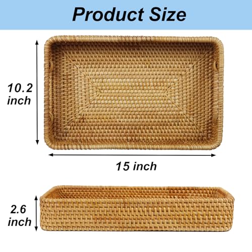 Rattan Serving Tray, Rectangle Coffee Table Tray with Handles, Decorative Ottoman Tea Tray Wicker Basket for Coffee, Bread, Fruits, Snacks, Breakfast, Drinks, Table Decor - size: 15" x 10.2" x 2.6"