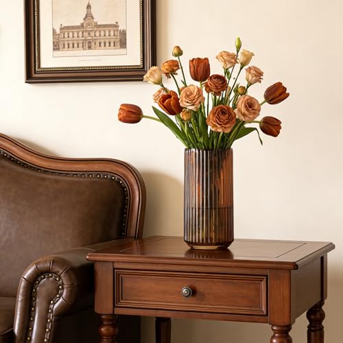Ekirlin Amber 7.5 inch Flower Vase for Home Decor, Thickened Hand Blow Glass Vase Round Vintage Striped Bottles for Bookshelf,Dinner Table,Indoor Office Desktop,Meeting Room,Bathroom, Best Gift - color: Amber, size: 7.5 in
