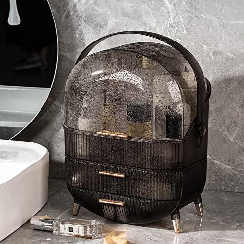 CANITORON Makeup Organizer,Large Capacity Skincare Organizer for Vanity,Cosmetic Organizer with 2 Drawers and Transparent Cover for Bedroom Countertop and Bathroom Countertop Storage.(Gray) - color: Clear Gray