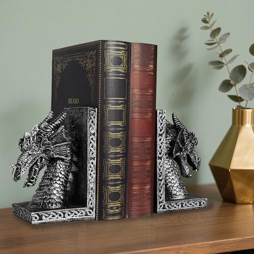 Book Ends for Shelves to Hold Books Heavy Duty,Decorative Bookend for Bookshelf Décor, Animal Dragon Book Stopper Dragon Statues for Home, Office Desk, Living Room Decoration,Vintage Silver,1pair - style: Dragon