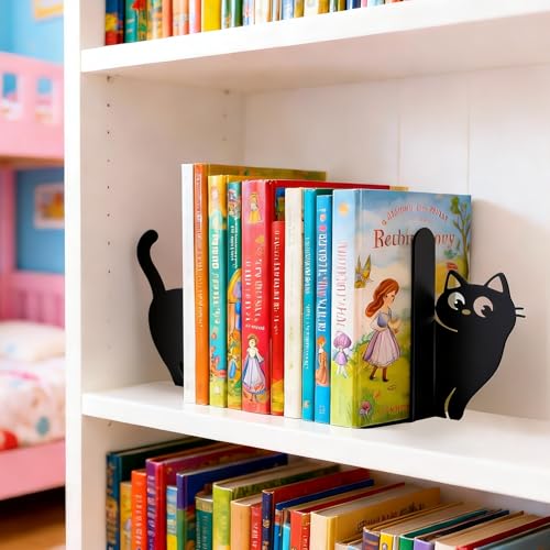 BEISE Book Ends Gifts for Cat Lovers, Decorative Metal Cat Bookends for Bookshelf & Desk, Cute Black Kittens CD Book Holder, Kitchen Organizer for Shelf, Home Office Decor, Unique Book Lover Gift - style: Naughty Cat