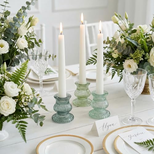 Green Glass Candle Holders 12 Pcs, Ribbed Taper Candle Holders Bulk, Vintage Candlestick Holders for Sage Green Wedding Centerpieces, Christmas Table Decor, Party & Easter Home Decor - color: Green&clear