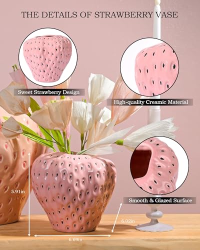 DN DECONATION Pink Strawberry Vase for Flower, Strawberry Shaped Planter Pot for Girls, Unique Ceramic Fruit Vases for Strawberry Party Kitchen Decorations, for Mom&Grandma - color: Pink Strawberry
