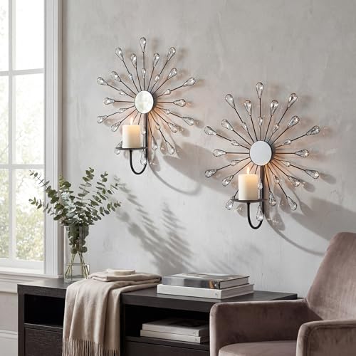 Crystal Rhinestone Wall Candle Sconces Set of 2 Bling Diamond Metal Sunburst Candle Holders Iron Decorative Wall Mounted Holders for Living Room Bedroom Bathroom Black - color: Black